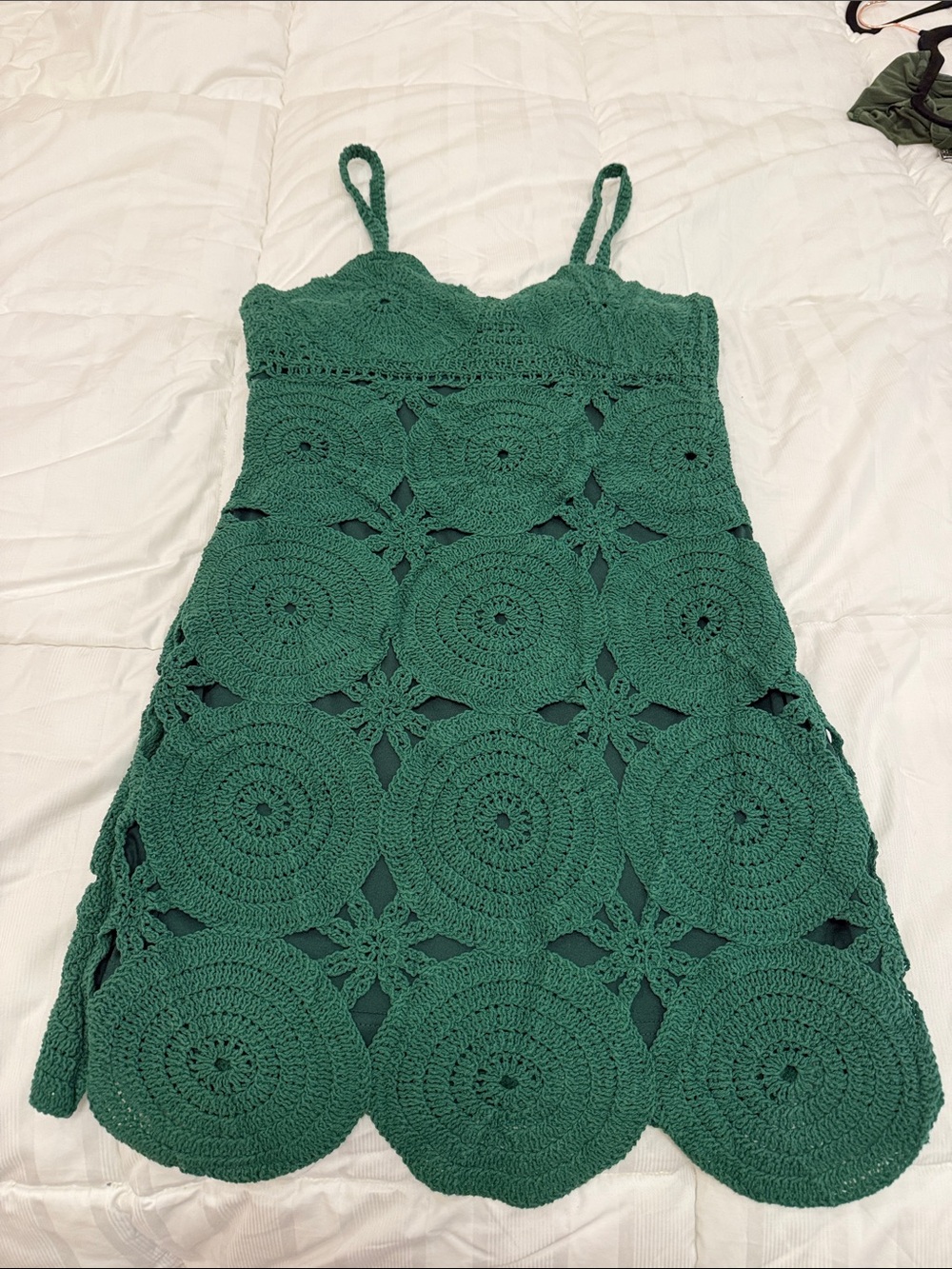 Emerald Crochet Circle Mini Dress with Spaghetti Straps